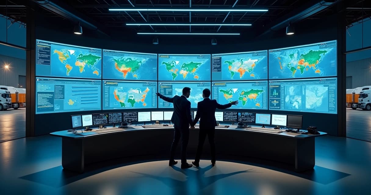 Sala de controle logística com telas exibindo rotas e estoque em tempo real
